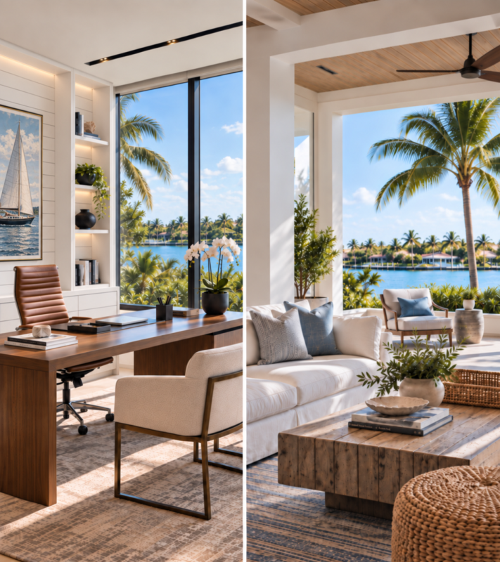 Office and residential living room with ocean views