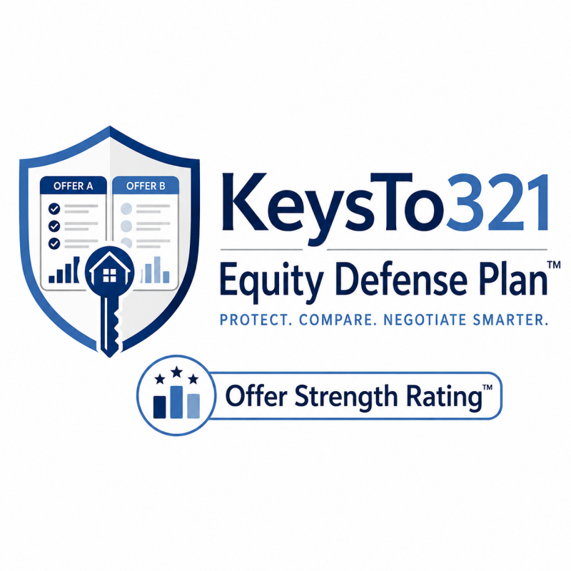 KeysTo321 Equity Defense Plan logo representing seller equity protection, offer analysis, and real estate negotiation