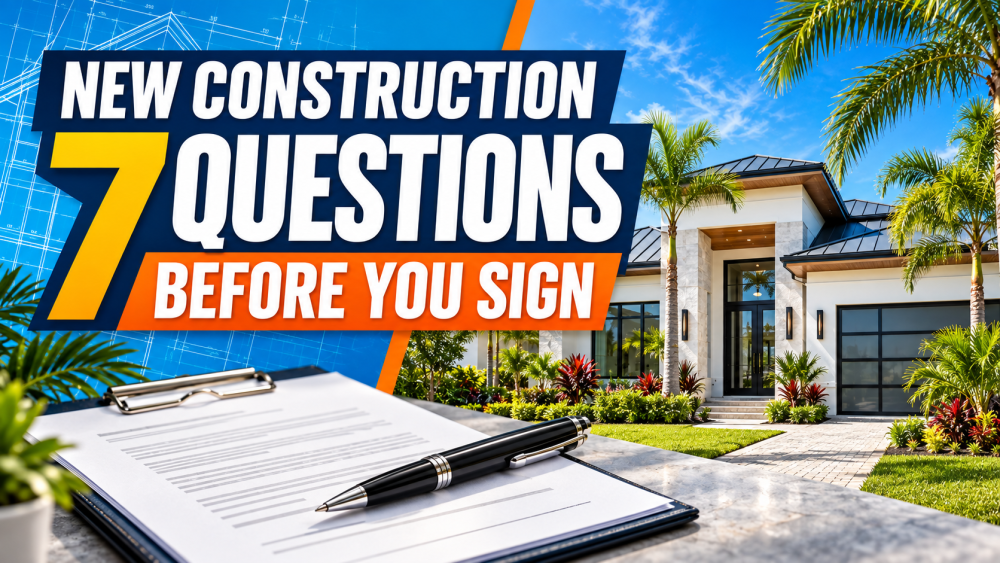Colorful new construction buyer guide graphic with a Southwest Florida home, blueprint, contract, and the words New Construction 7 Questions Before You Sign