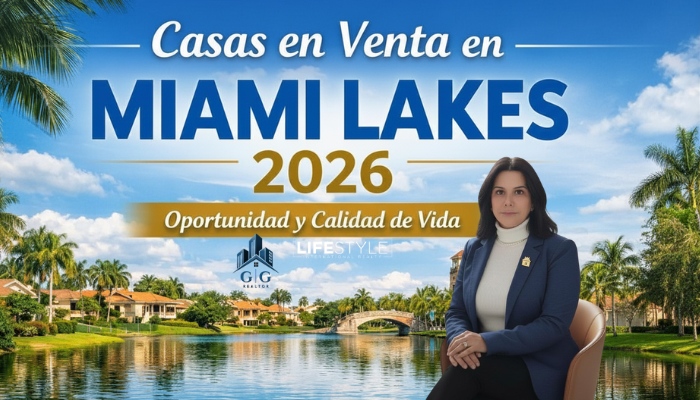 Promoción inmobiliaria de casas en venta en Miami Lakes 2026, con Germania Garcia Realtor frente a un paisaje de lago y residencias.