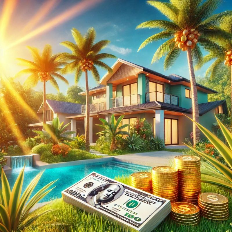 modern Florida-style house surrounded by tropical landscaping, with cash and gold coins in the foreground to symbolize real estate and financial investment.